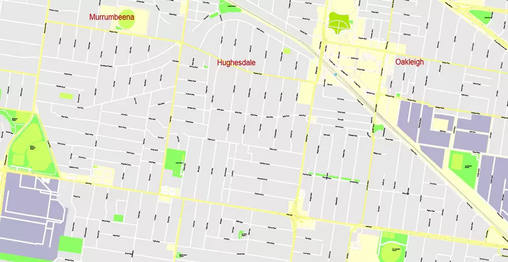 Printable Map Melbourne, Australia, exact vector street map, V27.11, fully editable, Adobe Illustrator, G-View Level 17 (100 meters scale), full vector, scalable, editable, text format of street names, 25 Mb ZIP.