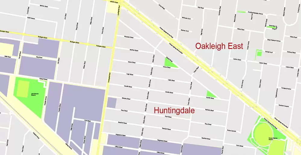 Printable Map Melbourne, Australia, exact vector street map, V27.11, fully editable, Adobe Illustrator, G-View Level 17 (100 meters scale), full vector, scalable, editable, text format of street names, 25 Mb ZIP.