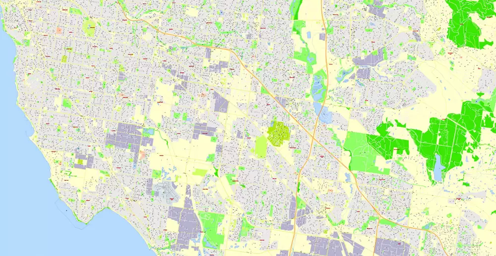 Printable Map Melbourne, Australia, exact vector street map, V27.11, fully editable, Adobe Illustrator, G-View Level 17 (100 meters scale), full vector, scalable, editable, text format of street names, 25 Mb ZIP.