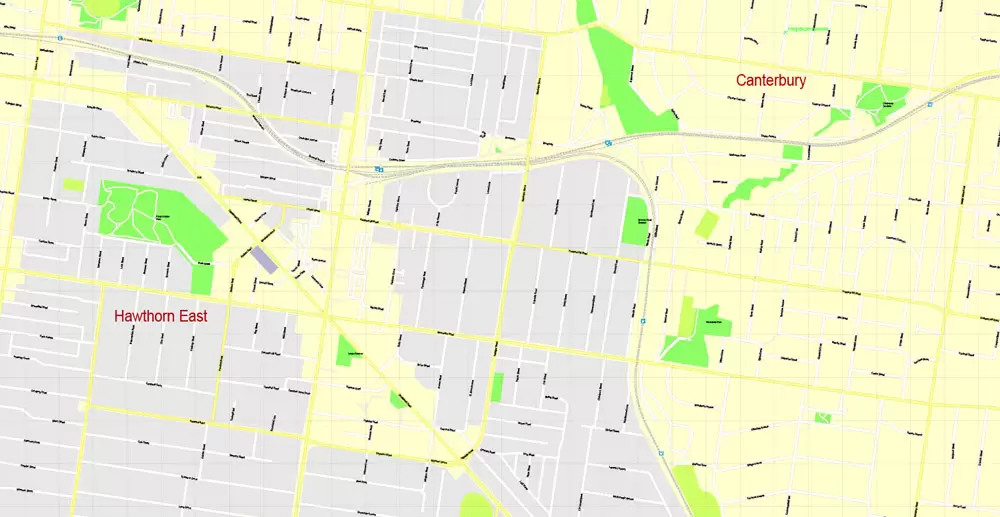 Printable Map Melbourne, Australia, exact vector street map, V27.11, fully editable, Adobe Illustrator, G-View Level 17 (100 meters scale), full vector, scalable, editable, text format of street names, 25 Mb ZIP.