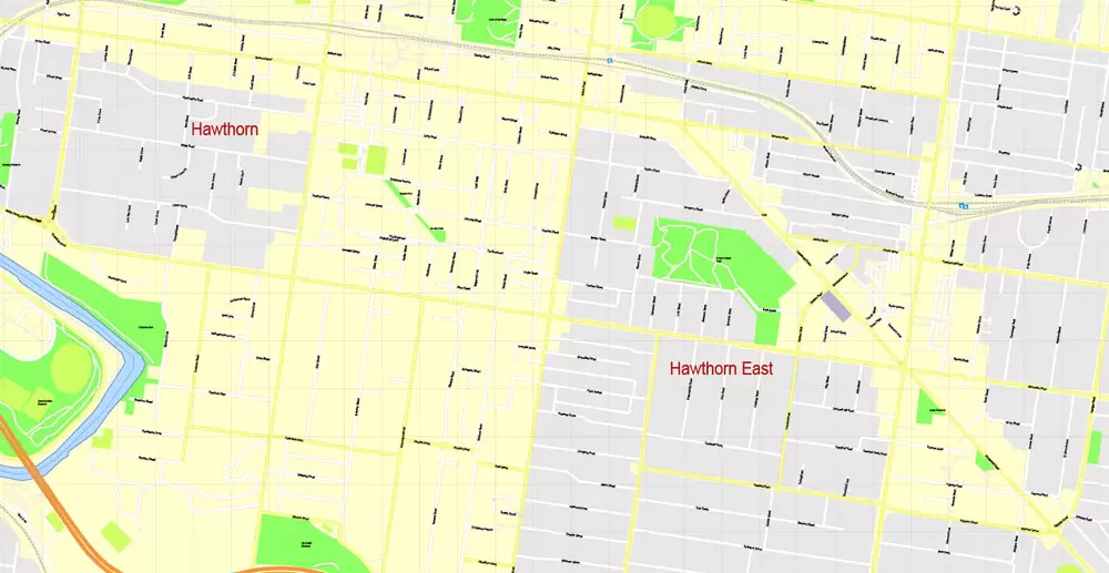 Printable Map Melbourne, Australia, exact vector street map, V27.11, fully editable, Adobe Illustrator, G-View Level 17 (100 meters scale), full vector, scalable, editable, text format of street names, 25 Mb ZIP.