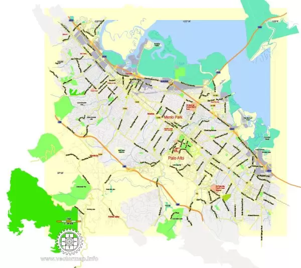Printable Map Menlo Park, California, exact vector street G-View Level 13 (2000 meter scale) map, fully editable, Adobe Illustrator, full vector, scalable, editable text format of street names, 2 Mb ZIP