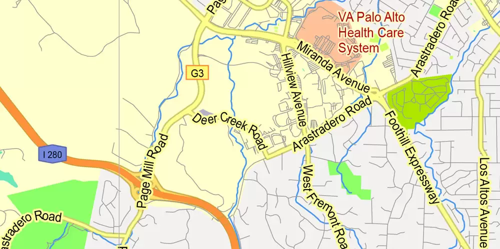 Printable Map Menlo Park, California, exact vector street G-View Level 13 (2000 meter scale) map, fully editable, Adobe Illustrator, full vector, scalable, editable text format of street names, 2 Mb ZIP