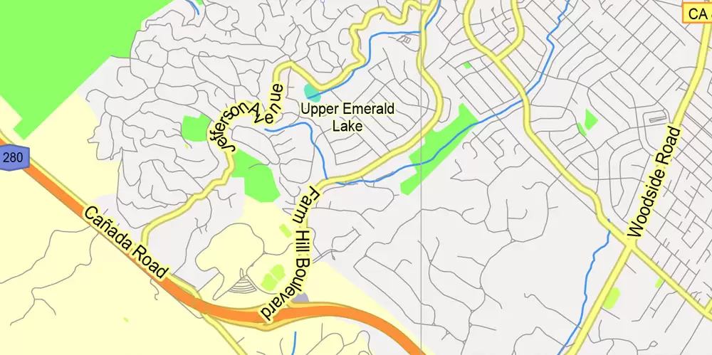 Printable Map Menlo Park, California, exact vector street G-View Level 13 (2000 meter scale) map, fully editable, Adobe Illustrator, full vector, scalable, editable text format of street names, 2 Mb ZIP