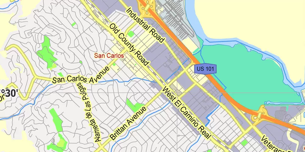 Printable Map Menlo Park, California, exact vector street G-View Level 13 (2000 meter scale) map, fully editable, Adobe Illustrator, full vector, scalable, editable text format of street names, 2 Mb ZIP