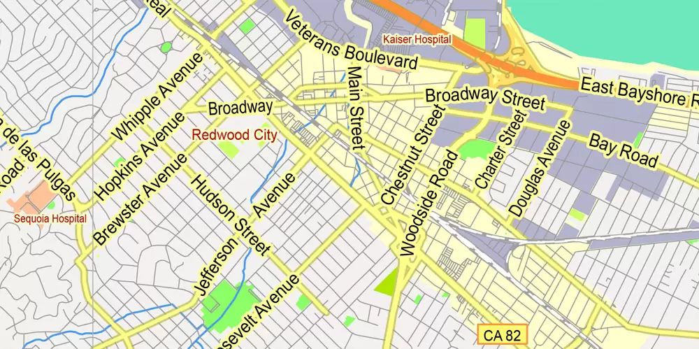 Printable Map Menlo Park, California, exact vector street G-View Level 13 (2000 meter scale) map, fully editable, Adobe Illustrator, full vector, scalable, editable text format of street names, 2 Mb ZIP