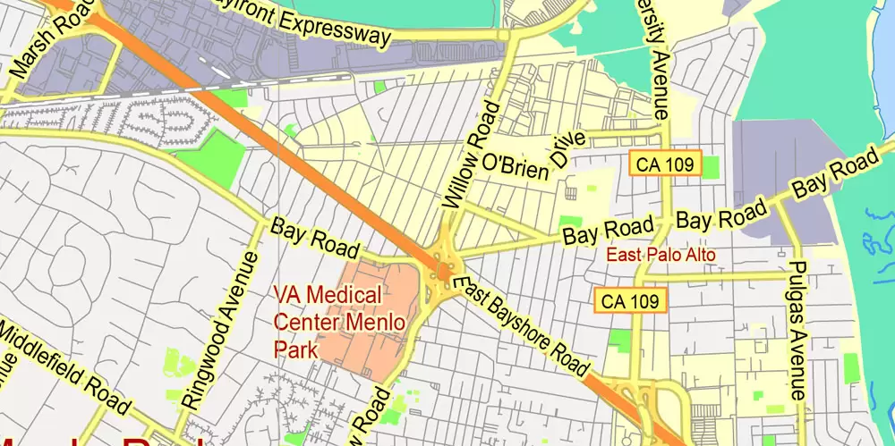 Printable Map Menlo Park, California, exact vector street G-View Level 13 (2000 meter scale) map, fully editable, Adobe Illustrator, full vector, scalable, editable text format of street names, 2 Mb ZIP