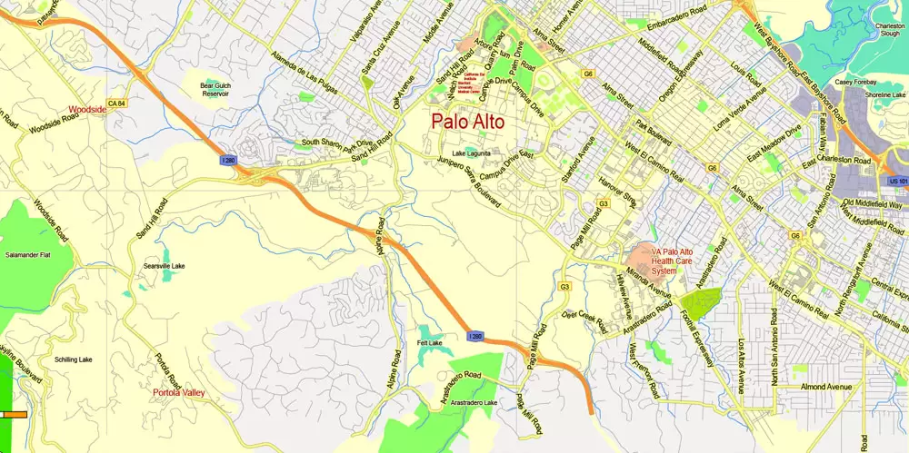Printable Map Menlo Park, California, exact vector street G-View Level 13 (2000 meter scale) map, fully editable, Adobe Illustrator, full vector, scalable, editable text format of street names, 2 Mb ZIP