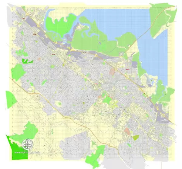 Printable Map Menlo Park, California, exact vector street G-View Level 17 (100 meter scale) map, fully editable, Adobe Illustrator, full vector, scalable, editable text format of street names, 7 Mb ZIP