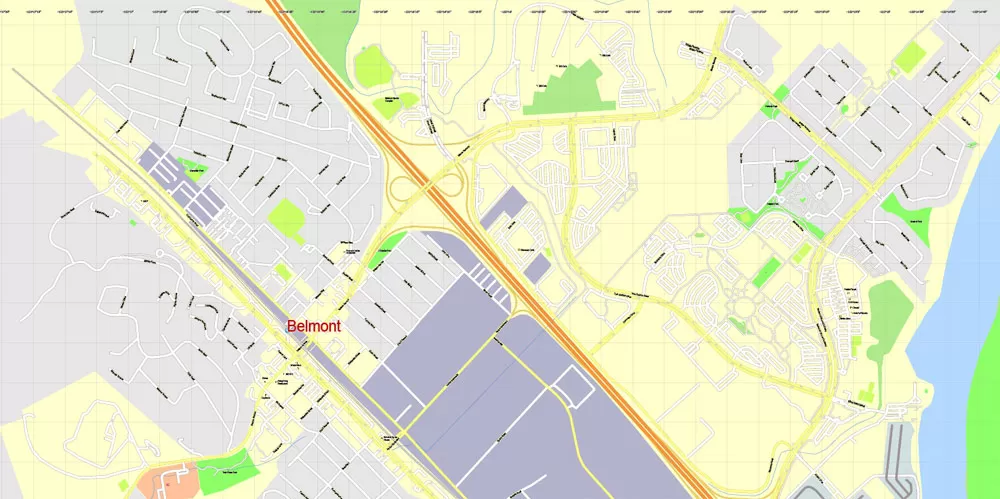 Printable Map Menlo Park, California, exact vector street G-View Level 17 (100 meter scale) map, fully editable, Adobe Illustrator, full vector, scalable, editable text format of street names, 7 Mb ZIP