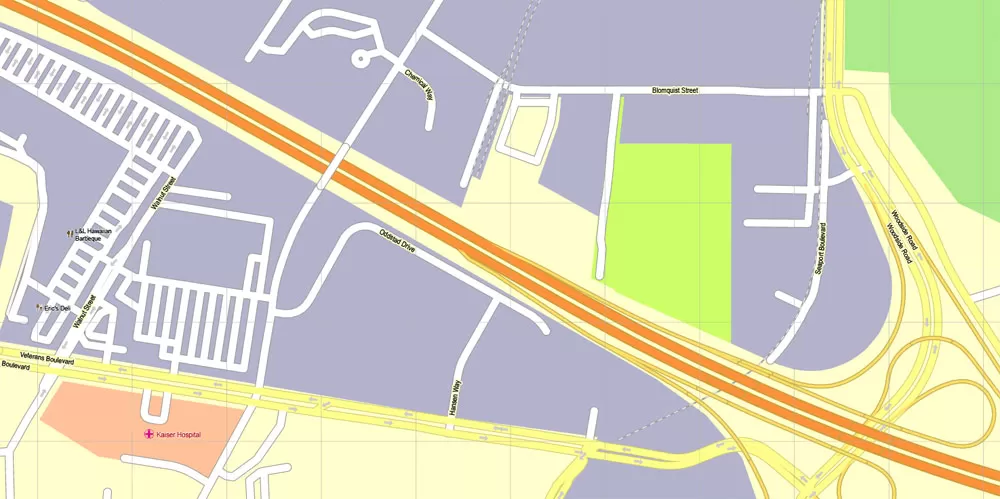 Printable Map Menlo Park, California, exact vector street G-View Level 17 (100 meter scale) map, fully editable, Adobe Illustrator, full vector, scalable, editable text format of street names, 7 Mb ZIP