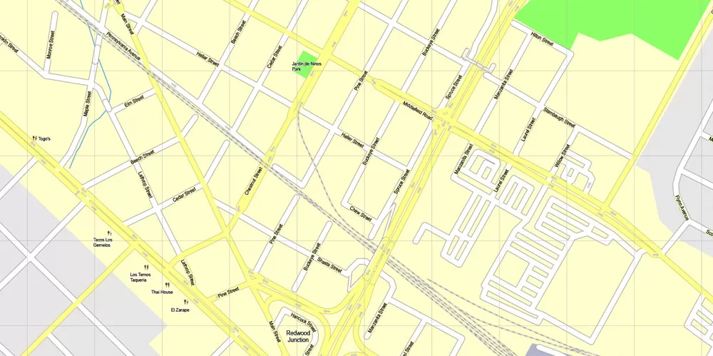 Printable Map Menlo Park, California, exact vector street G-View Level 17 (100 meter scale) map, fully editable, Adobe Illustrator, full vector, scalable, editable text format of street names, 7 Mb ZIP