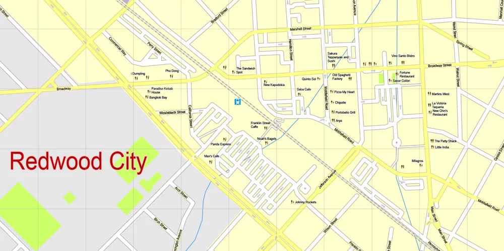 Printable Map Menlo Park, California, exact vector street G-View Level 17 (100 meter scale) map, fully editable, Adobe Illustrator, full vector, scalable, editable text format of street names, 7 Mb ZIP