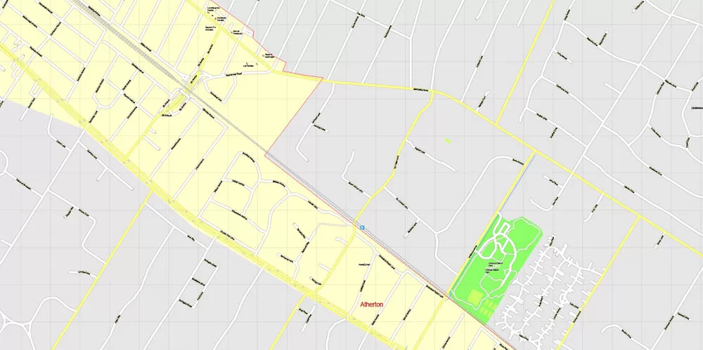 Printable Map Menlo Park, California, exact vector street G-View Level 17 (100 meter scale) map, fully editable, Adobe Illustrator, full vector, scalable, editable text format of street names, 7 Mb ZIP