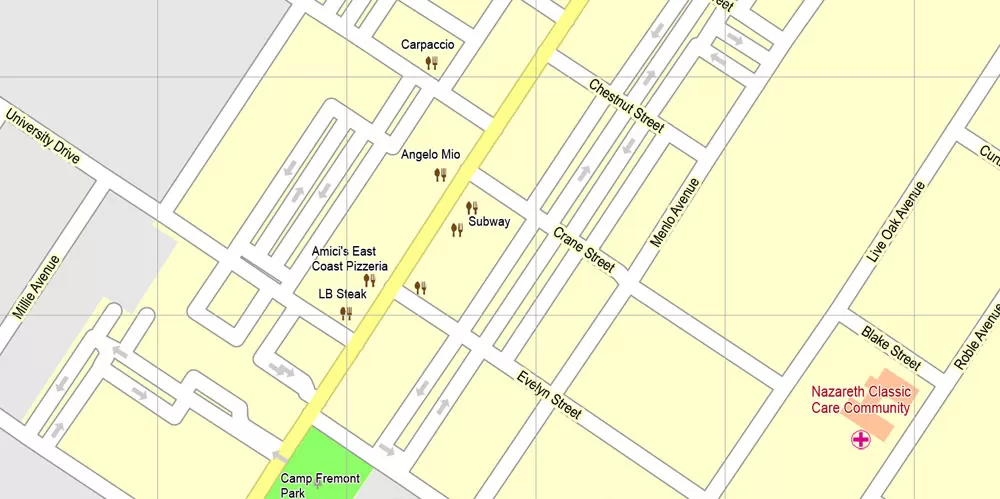 Printable Map Menlo Park, California, exact vector street G-View Level 17 (100 meter scale) map, fully editable, Adobe Illustrator, full vector, scalable, editable text format of street names, 7 Mb ZIP