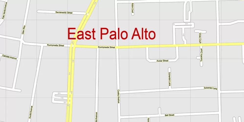Printable Map Menlo Park, California, exact vector street G-View Level 17 (100 meter scale) map, fully editable, Adobe Illustrator, full vector, scalable, editable text format of street names, 7 Mb ZIP