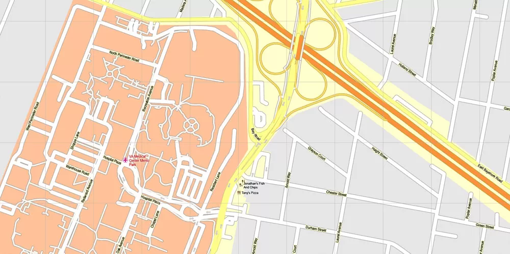 Printable Map Menlo Park, California, exact vector street G-View Level 17 (100 meter scale) map, fully editable, Adobe Illustrator, full vector, scalable, editable text format of street names, 7 Mb ZIP