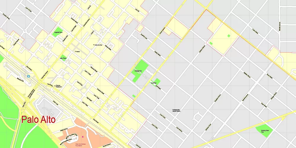 Printable Map Menlo Park, California, exact vector street G-View Level 17 (100 meter scale) map, fully editable, Adobe Illustrator, full vector, scalable, editable text format of street names, 7 Mb ZIP