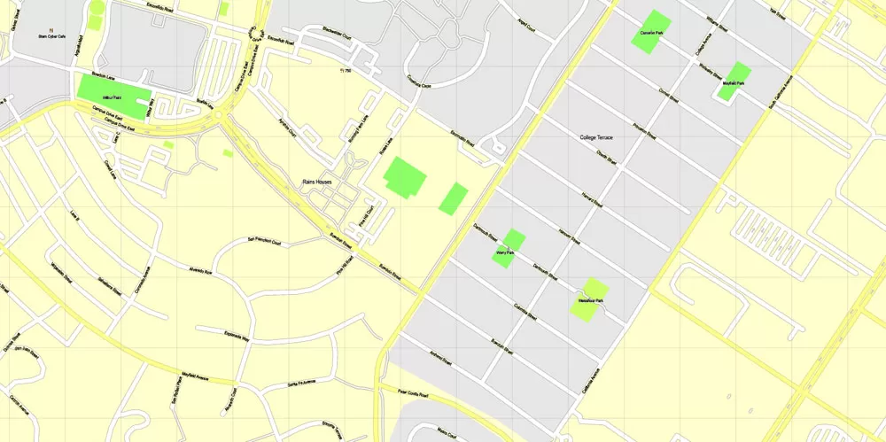 Printable Map Menlo Park, California, exact vector street G-View Level 17 (100 meter scale) map, fully editable, Adobe Illustrator, full vector, scalable, editable text format of street names, 7 Mb ZIP