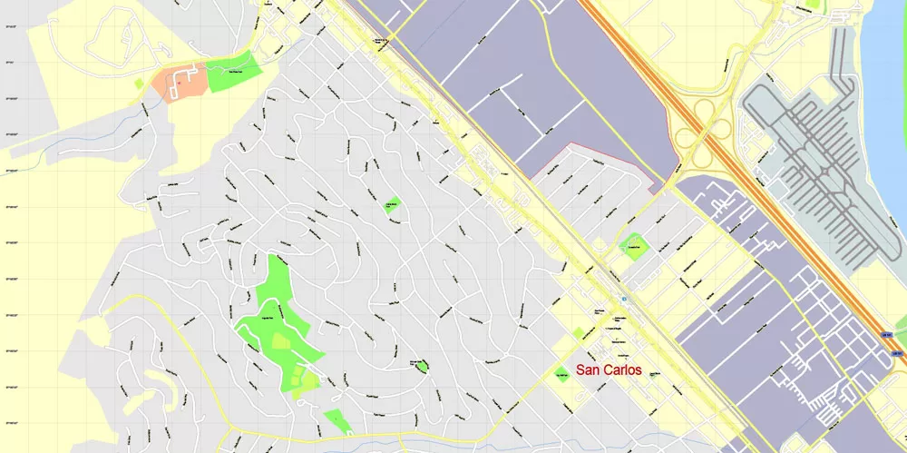 Printable Map Menlo Park, California, exact vector street G-View Level 17 (100 meter scale) map, fully editable, Adobe Illustrator, full vector, scalable, editable text format of street names, 7 Mb ZIP