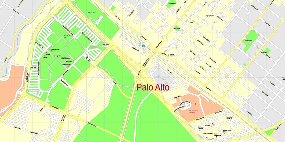 Printable Map Menlo Park, California, exact vector street G-View Level 17 (100 meter scale) map, fully editable, Adobe Illustrator, full vector, scalable, editable text format of street names, 7 Mb ZIP