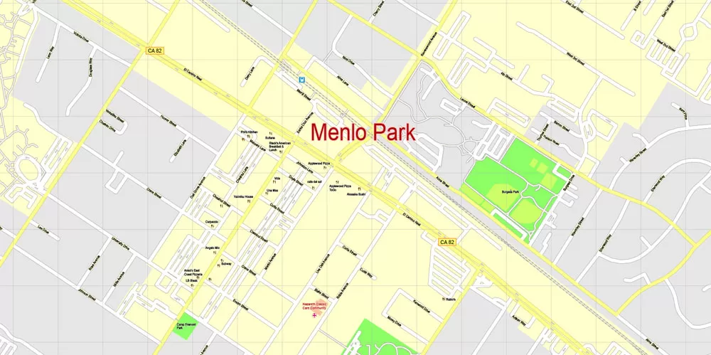Printable Map Menlo Park, California, exact vector street G-View Level 17 (100 meter scale) map, fully editable, Adobe Illustrator, full vector, scalable, editable text format of street names, 7 Mb ZIP