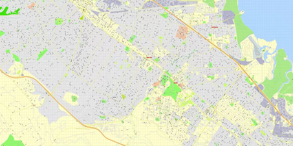 Printable Map Menlo Park, California, exact vector street G-View Level 17 (100 meter scale) map, fully editable, Adobe Illustrator, full vector, scalable, editable text format of street names, 7 Mb ZIP
