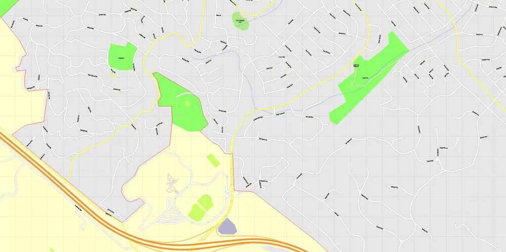 Printable Map Menlo Park, California, exact vector street G-View Level 17 (100 meter scale) map, fully editable, Adobe Illustrator, full vector, scalable, editable text format of street names, 7 Mb ZIP
