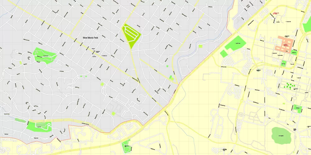 Printable Map Menlo Park, California, exact vector street G-View Level 17 (100 meter scale) map, fully editable, Adobe Illustrator, full vector, scalable, editable text format of street names, 7 Mb ZIP