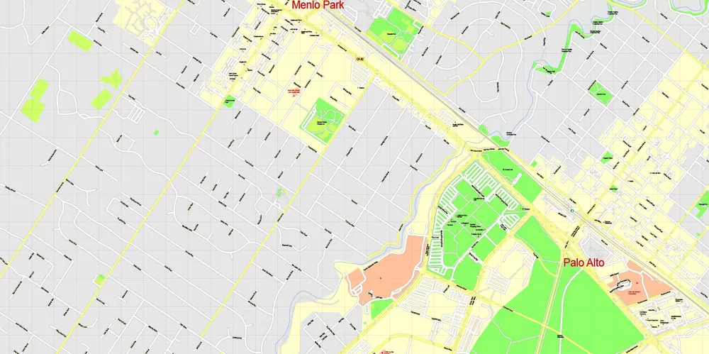 Printable Map Menlo Park, California, exact vector street G-View Level 17 (100 meter scale) map, fully editable, Adobe Illustrator, full vector, scalable, editable text format of street names, 7 Mb ZIP