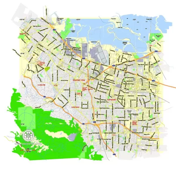 Mountain View, California, Printable Map, US, exact vector street G-View Level 13 map (2000 meters scale), fully editable, Adobe Illustrator, full vector, scalable, editable, text format street names, 2 Mb ZIP.