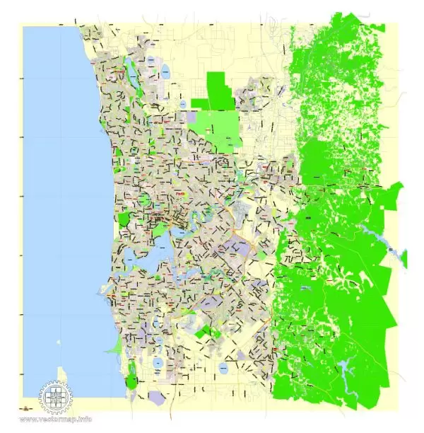 Printable Map Perth, Australia, exact vector street map, V27.11, fully editable, Adobe Illustrator, G-View Level 13 (2000 meters scale), full vector, scalable, editable, text format of street names, 5 Mb ZIP.