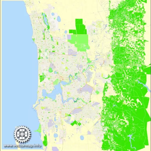 Printable Map Perth, Australia, exact vector street map, V27.11, fully editable, Adobe Illustrator, G-View Level 17 (100 meters scale), full vector, scalable, editable, text format of street names, 22 Mb ZIP.