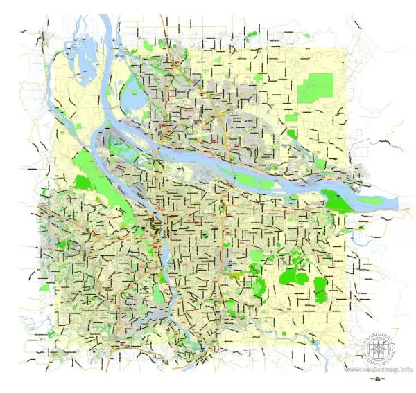 Printable Map Portland OR + Vancouver WA, exact vector street G-View Level 13 (2000 meters scale) map, fully editable, Adobe Illustrator
