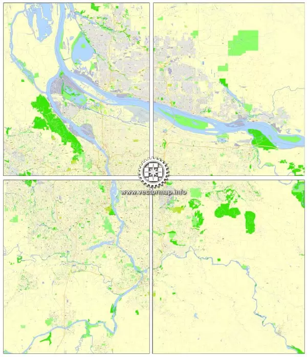 Printable Map Portland OR, Vancouver WA, exact vector street G-View Level 17 (100 meter scale) map in 4 parts, fully editable, Adobe Illustrator, full vector, scalable, editable text format of street names, 33 Mb ZIP.