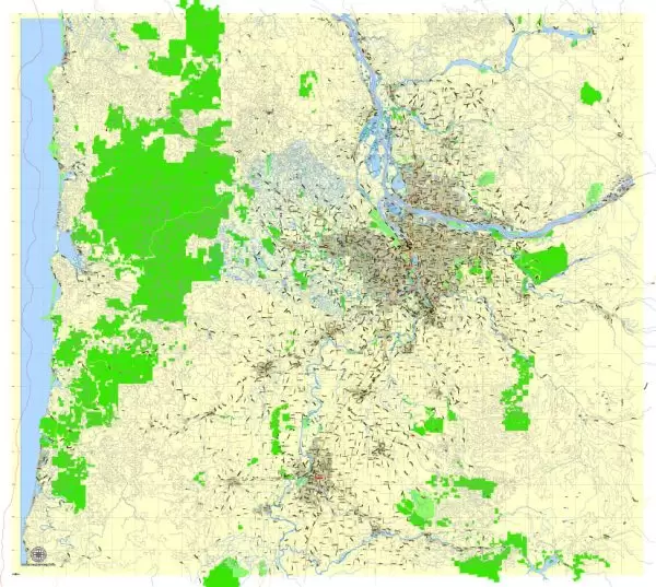Printable Map Portland + Vancouver + Oregon City + Salem Large Area, with neighborhood, Oregon, US, exact vector street G-View level 13 (2000 meter scale) map V1.11, full editable, Adobe Illustrator, full vector, scalable, editable text format street names, 21 mb ZIP