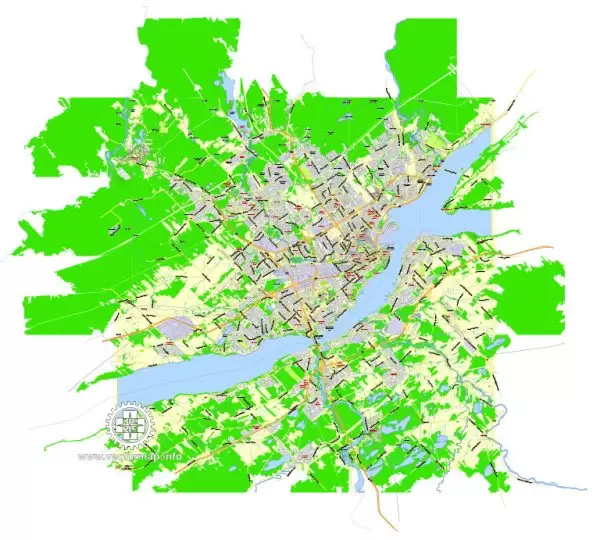 Quebec City, Canada, Printable Map, G-View Level 13 (2000 meters scale) Adobe Illustrator Map, fully editable, 4 Mb ZIP.