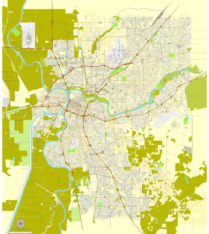 Printable Map Sacramento, California, exact vector street City Plan map v.02.11, fully editable, Adobe Illustrator, full vector, scalable, editable text format of street names, 73 Mb ZIP.