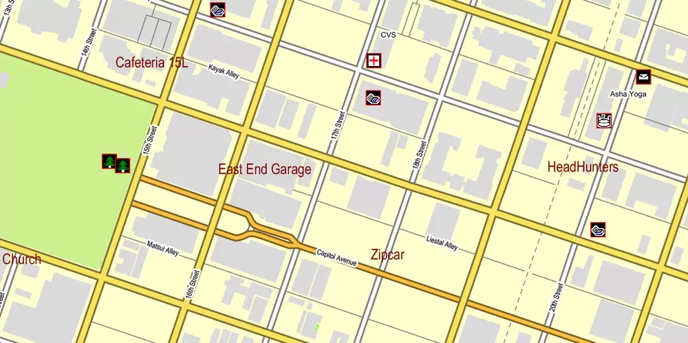 Printable Map Sacramento, California, exact vector street City Plan map v.02.11, fully editable, Adobe Illustrator, full vector, scalable, editable text format of street names, 73 Mb ZIP.