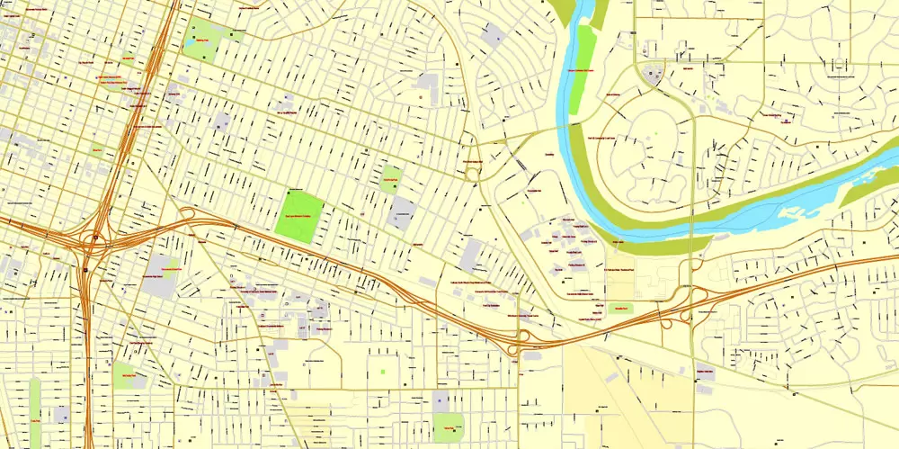 Printable Map Sacramento, California, exact vector street City Plan map v.02.11, fully editable, Adobe Illustrator, full vector, scalable, editable text format of street names, 73 Mb ZIP.