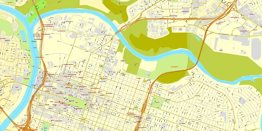 Printable Map Sacramento, California, exact vector street City Plan map v.02.11, fully editable, Adobe Illustrator, full vector, scalable, editable text format of street names, 73 Mb ZIP.