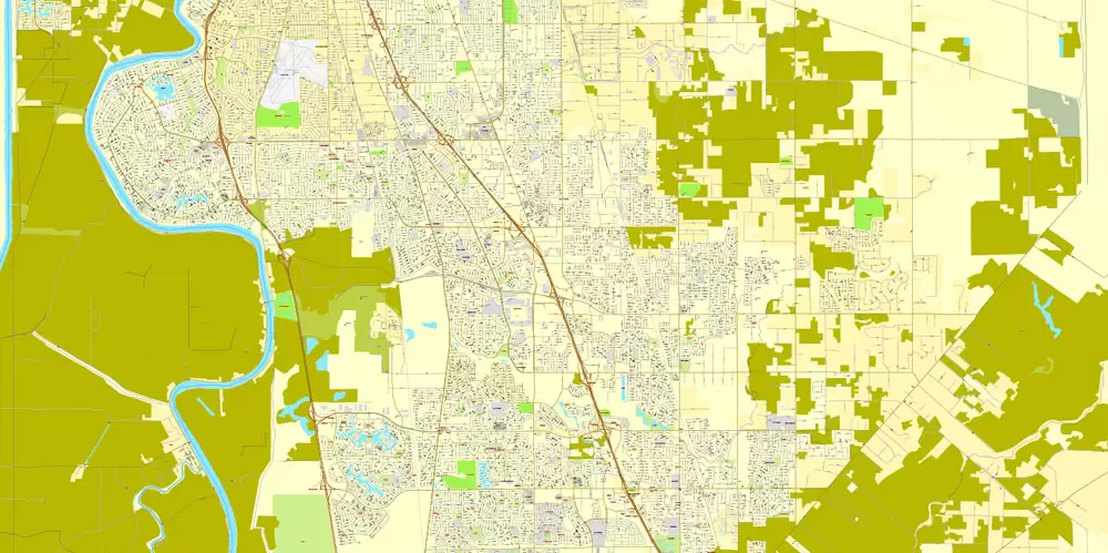 Printable Map Sacramento, California, exact vector street City Plan map v.02.11, fully editable, Adobe Illustrator, full vector, scalable, editable text format of street names, 73 Mb ZIP.