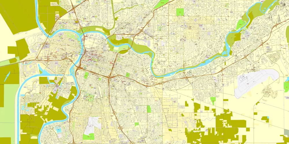 Printable Map Sacramento, California, exact vector street City Plan map v.02.11, fully editable, Adobe Illustrator, full vector, scalable, editable text format of street names, 73 Mb ZIP.