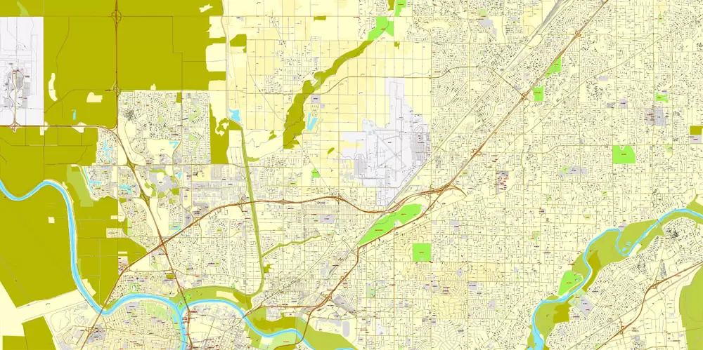 Printable Map Sacramento, California, exact vector street City Plan map v.02.11, fully editable, Adobe Illustrator, full vector, scalable, editable text format of street names, 73 Mb ZIP.