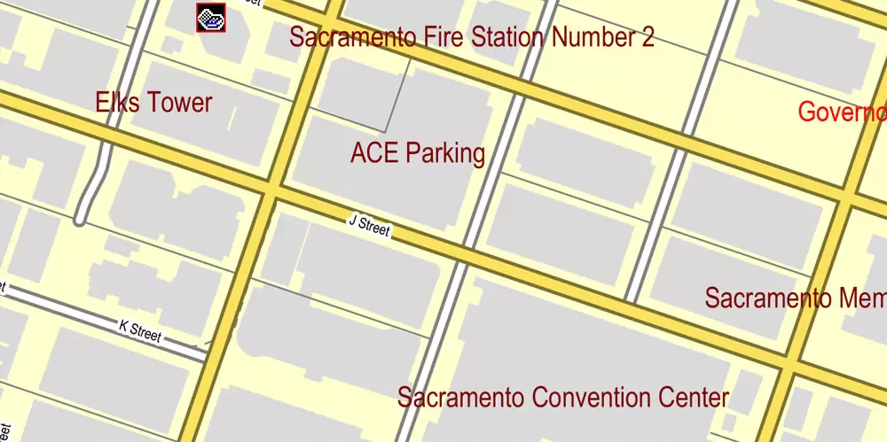 Printable Map Sacramento, California, exact vector street City Plan map v.02.11, fully editable, Adobe Illustrator, full vector, scalable, editable text format of street names, 73 Mb ZIP.
