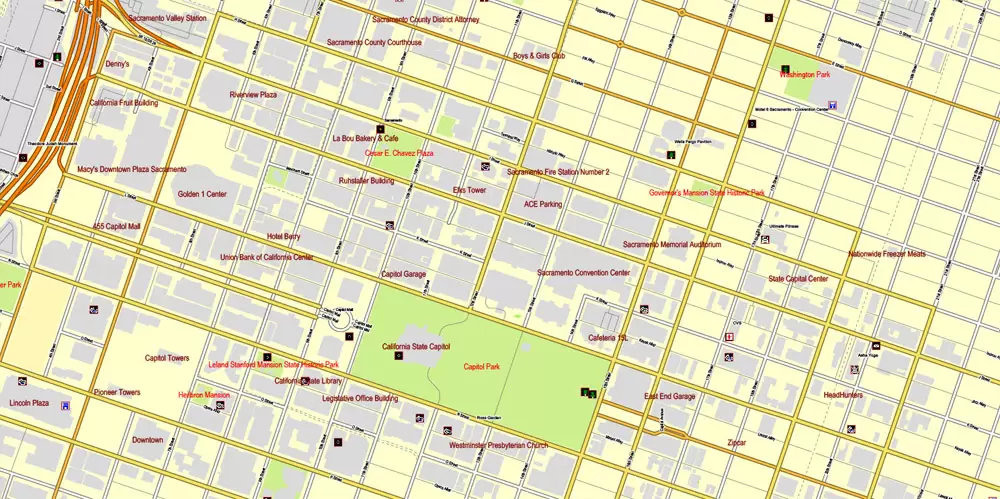 Printable Map Sacramento, California, exact vector street City Plan map v.02.11, fully editable, Adobe Illustrator, full vector, scalable, editable text format of street names, 73 Mb ZIP.