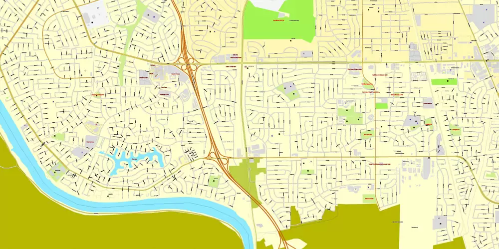 Printable Map Sacramento, California, exact vector street City Plan map v.02.11, fully editable, Adobe Illustrator, full vector, scalable, editable text format of street names, 73 Mb ZIP.