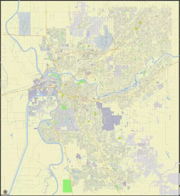 Printable Map Sacramento, California, exact vector street G-View Level 17 (100 meter scale) map, fully editable, Adobe Illustrator, full vector, scalable, editable text format of street names, 16 Mb ZIP.