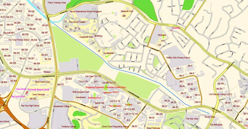 Singapore PDF Map exact City Plan with buildings full editable Street Map Adobe PDF