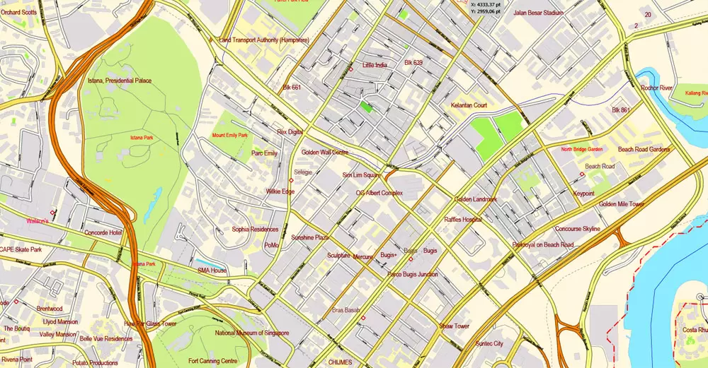 Singapore PDF Map exact City Plan with buildings full editable Street Map Adobe PDF